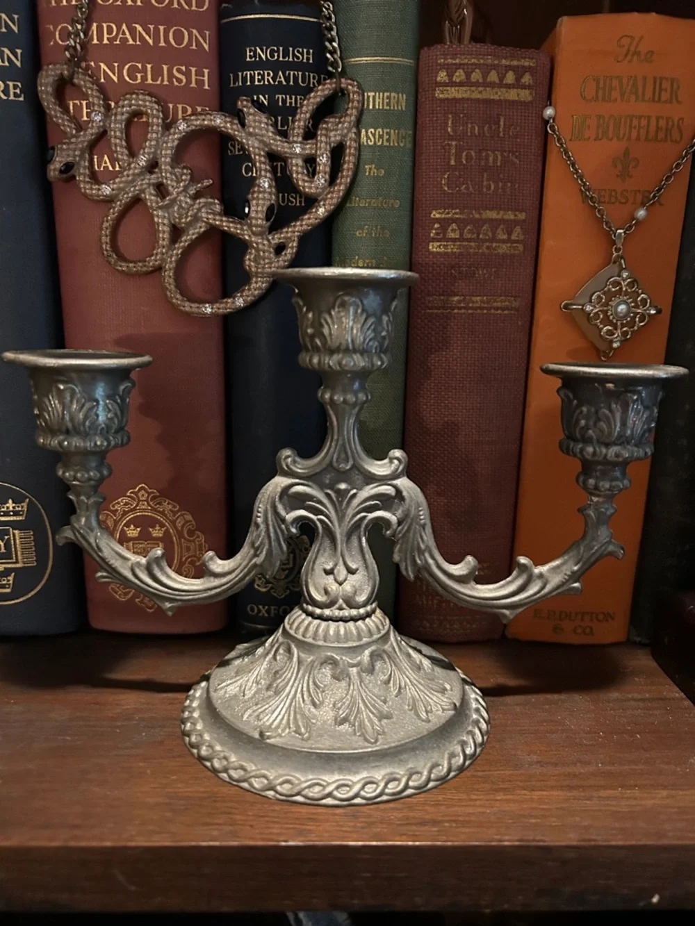Vintage Baroque-Style Pewter Three-Arm Candelabra - Picture 5 of 6